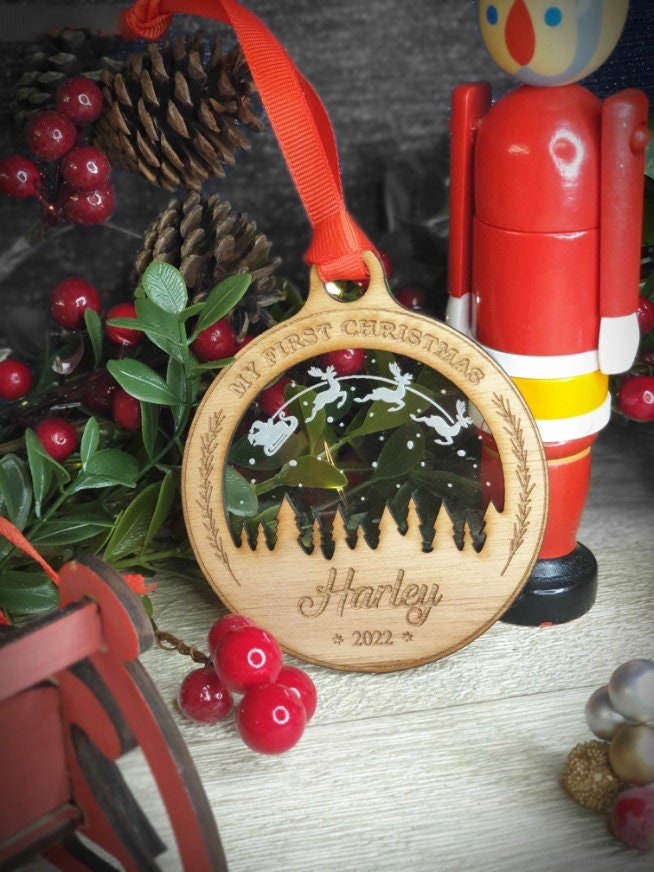 Personalised First Christmas name bauble - New Baby - Beautiful xmas decoration - Moon - santa - decor - father christmas - st nick - gift