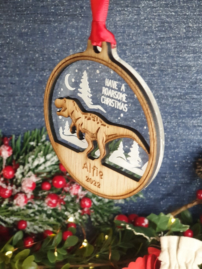 Personalised Dinosaur Christmas Bauble – Name Ornament T-Rex / Jurassic Dino – Baby’s First Xmas Gift