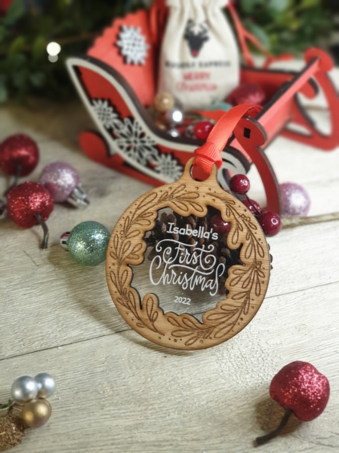 Personalised First Christmas name bauble - New Baby - Beautiful xmas decoration - wreath - santa - decor - father christmas - st nick - gift