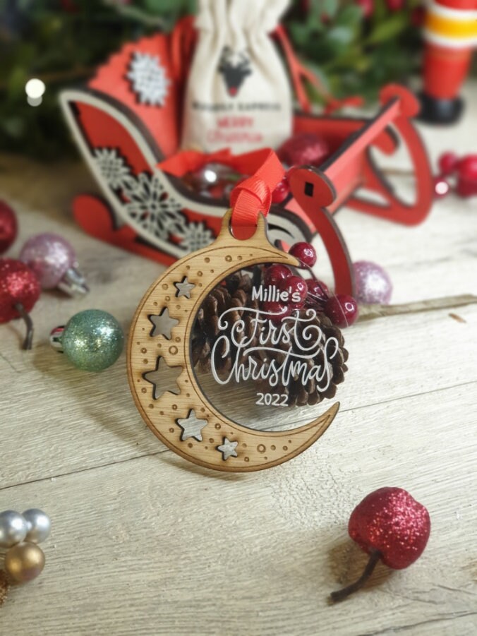 Personalised First Christmas name bauble - New Baby - Beautiful xmas decoration - Moon - santa - decor - father christmas - st nick - gift
