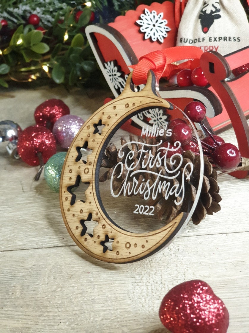 Personalised First Christmas name bauble - New Baby - Beautiful xmas decoration - Moon - santa - decor - father christmas - st nick - gift
