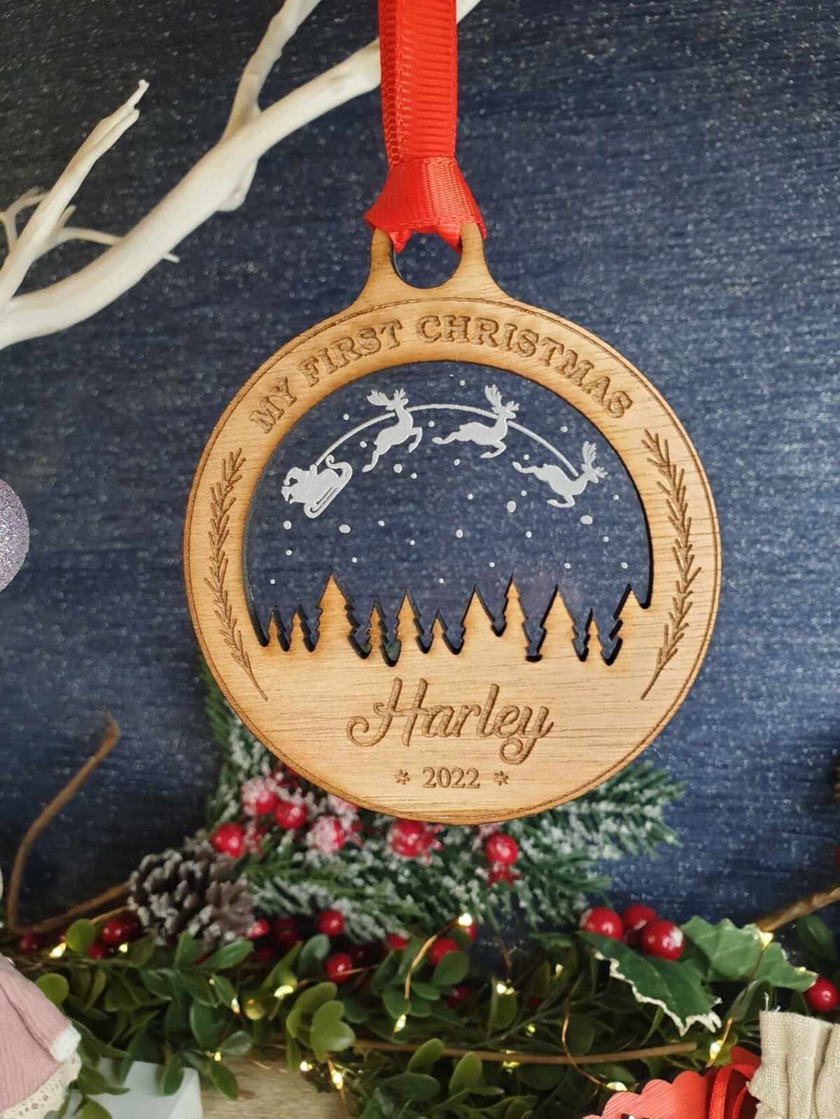 Personalised First Christmas name bauble - New Baby - Beautiful xmas decoration - Moon - santa - decor - father christmas - st nick - gift