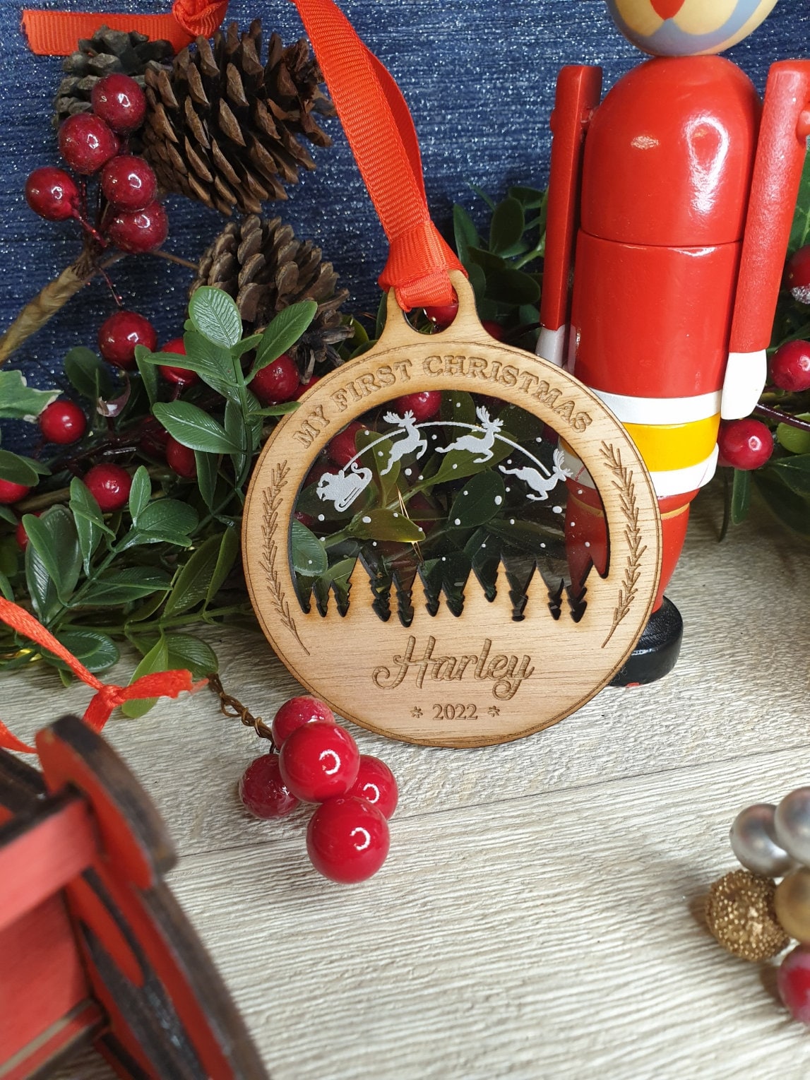 Personalised First Christmas name bauble - New Baby - Beautiful xmas decoration - Moon - santa - decor - father christmas - st nick - gift