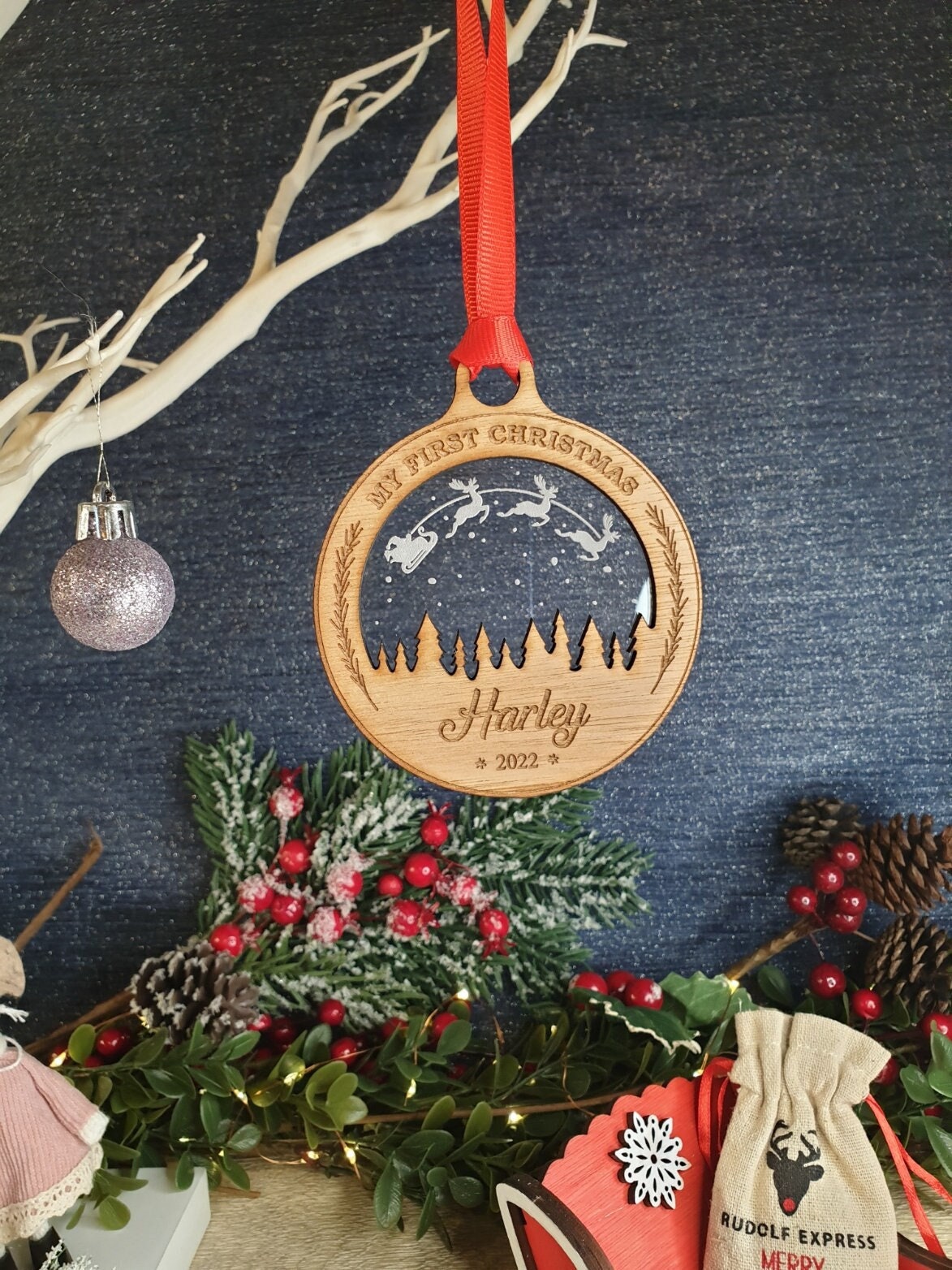 Personalised First Christmas name bauble - New Baby - Beautiful xmas decoration - Moon - santa - decor - father christmas - st nick - gift