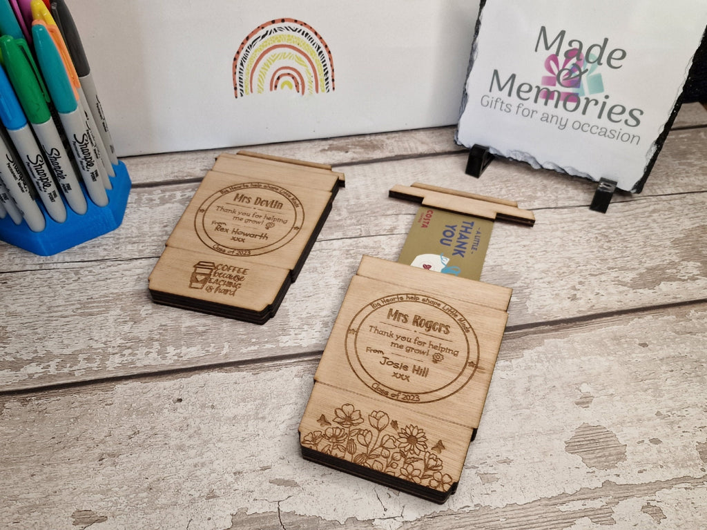 Personalised wooden gift card holder - Teacher thank you gift - graduation - Coffee - teaching - Voucher - end of term present