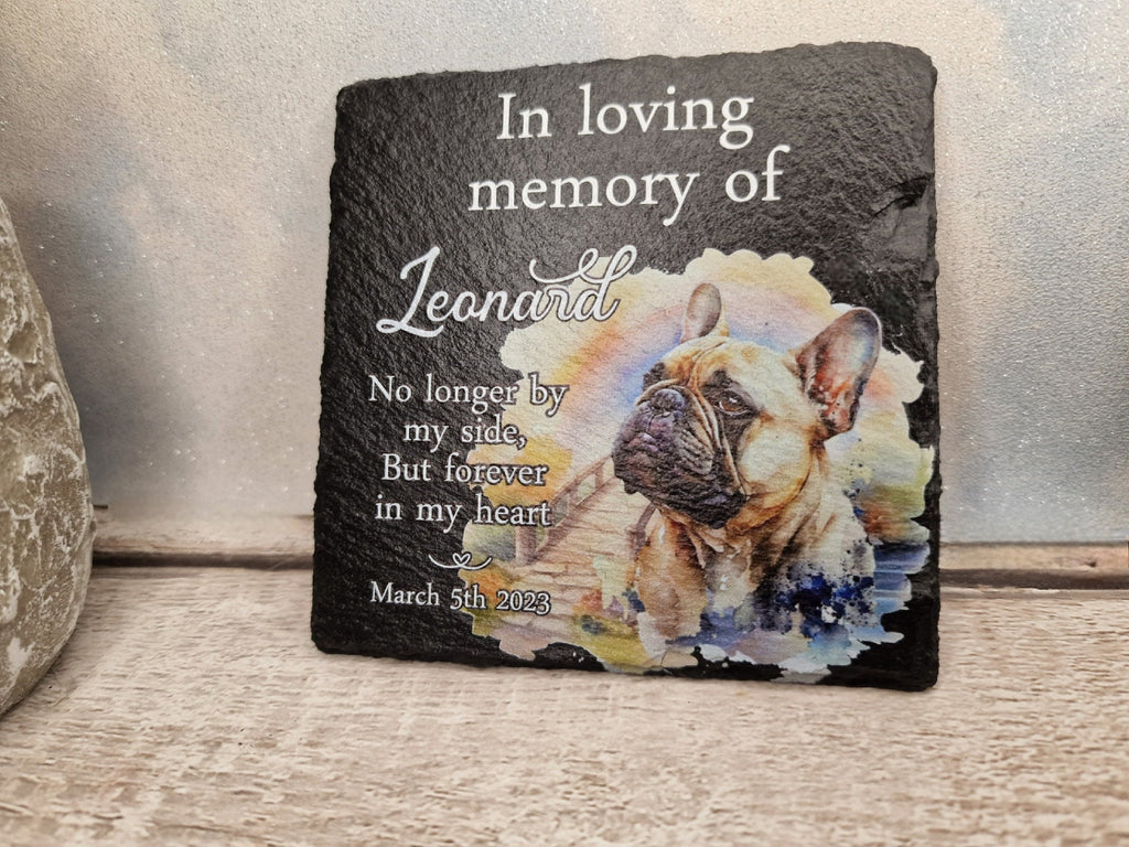 Personalised Dog Memorial grave marker - Choice of breed - memorial slate, indoor or outdoor, Rainbow bridge - colourful - memory - garden