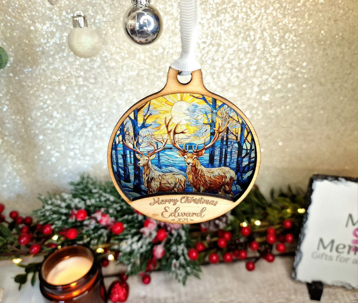 Personalised stained glass Christmas name bauble - Beautiful xmas decoration - Santa - Village - Reindeer - Xmas - Decoration - Snow - Scene