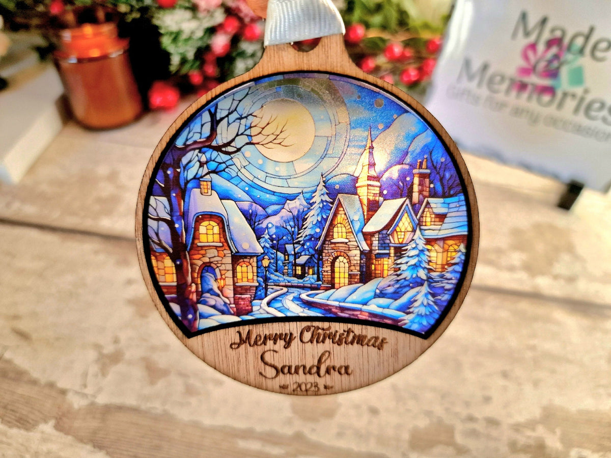 Personalised stained glass Christmas name bauble - Beautiful xmas decoration - Santa - Village - Reindeer - Xmas - Decoration - Snow - Scene