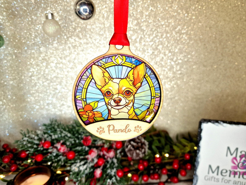 Personalised stained glass Dog name bauble - Beautiful decoration - Dog - 26 Breeds - Window decor - Frenchie - Labrador - Mastiff - Puppy