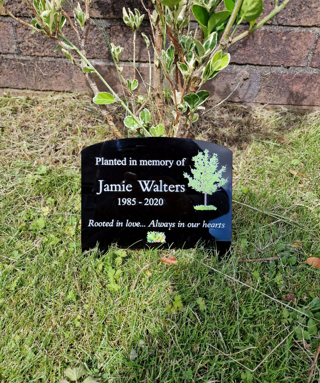 Personalised Tree Memorial or grave marker, memory plaque, Garden - Caravan - Grave side - Park - sign - engraving - anniversary - marker