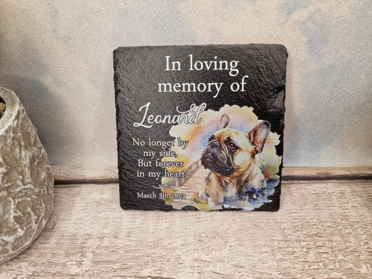 Personalised Dog Memorial grave marker - Choice of breed - memorial slate, indoor or outdoor, Rainbow bridge - colourful - memory - garden