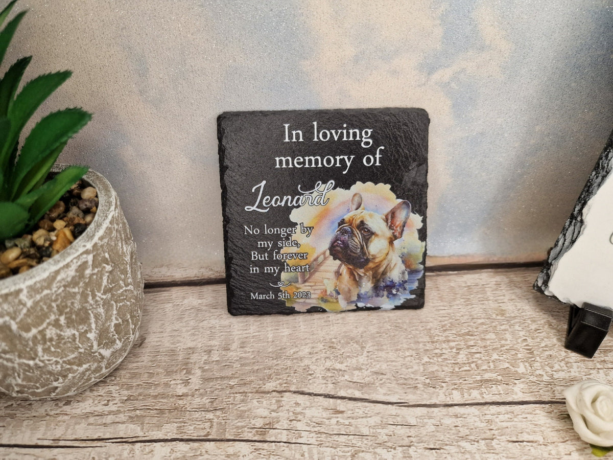 Personalised Dog Memorial grave marker - Choice of breed - memorial slate, indoor or outdoor, Rainbow bridge - colourful - memory - garden