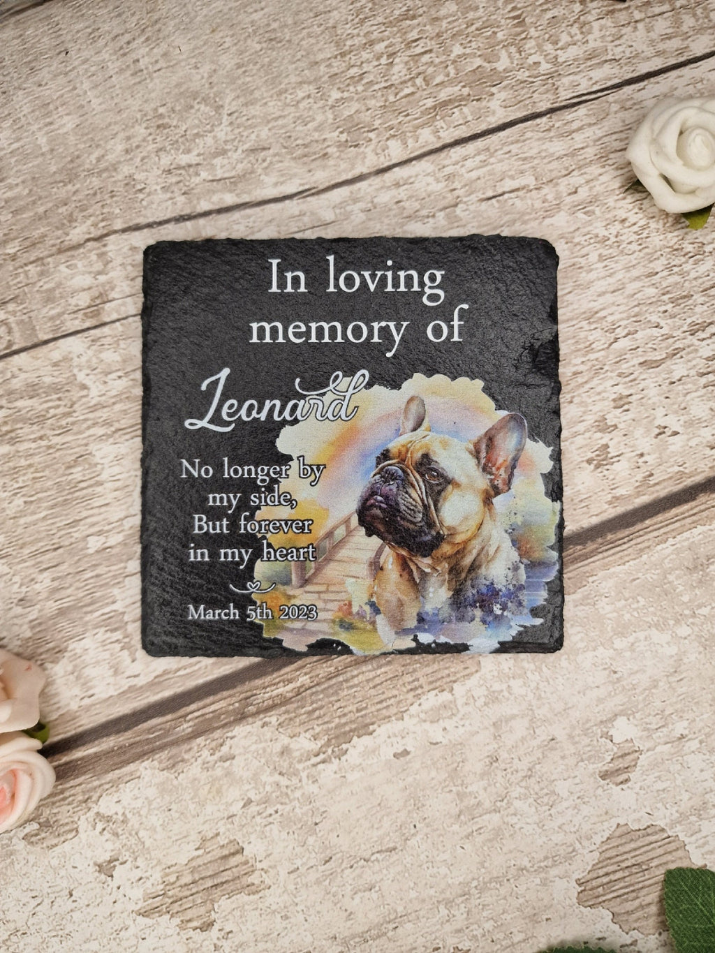 Personalised Dog Memorial grave marker - Choice of breed - memorial slate, indoor or outdoor, Rainbow bridge - colourful - memory - garden