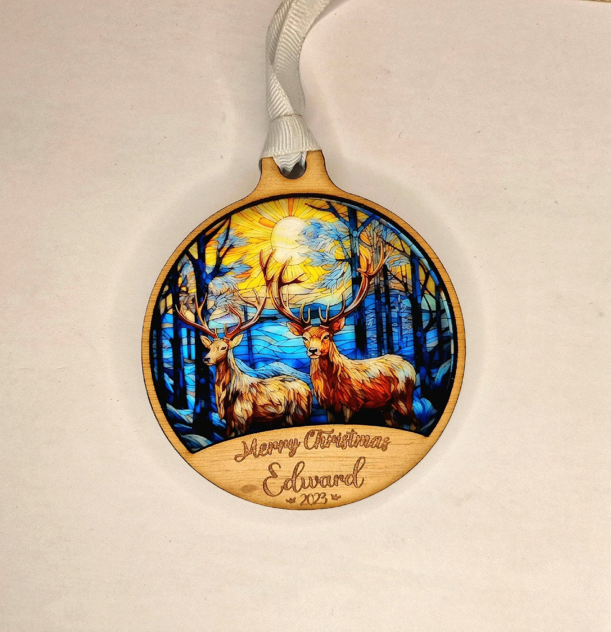 Personalised stained glass Christmas name bauble - Beautiful xmas decoration - Santa - Village - Reindeer - Xmas - Decoration - Snow - Scene