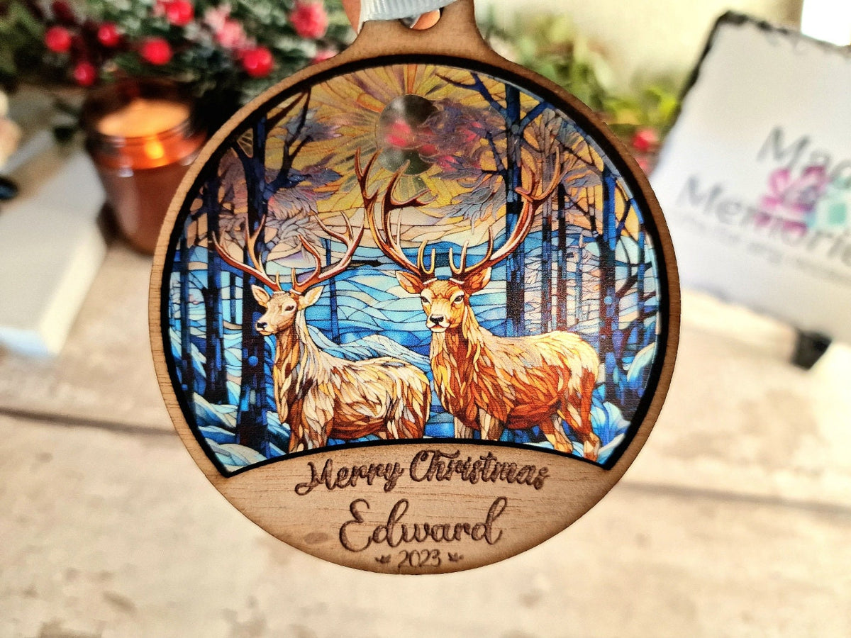 Personalised stained glass Christmas name bauble - Beautiful xmas decoration - Santa - Village - Reindeer - Xmas - Decoration - Snow - Scene