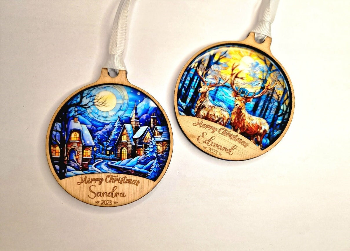 Personalised stained glass Christmas name bauble - Beautiful xmas decoration - Santa - Village - Reindeer - Xmas - Decoration - Snow - Scene
