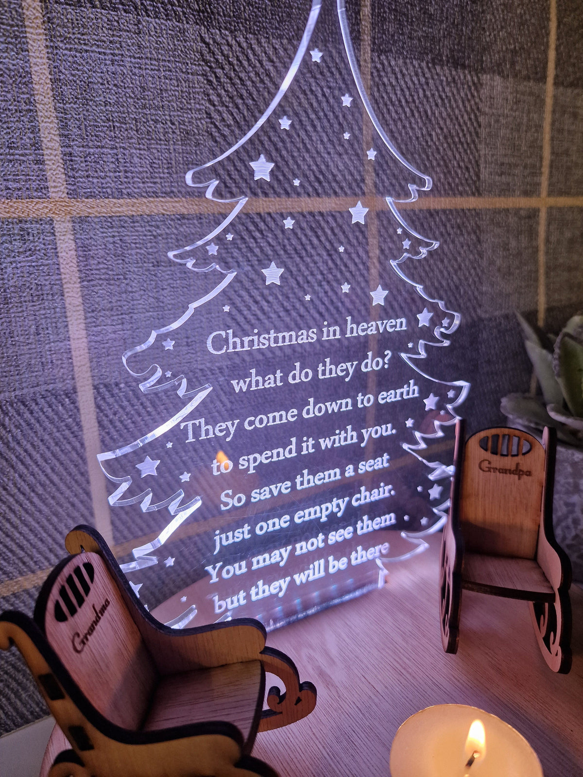 Personalised Christmas candle memorial display light - rocking chair -rustic - xmas - memory - decoration -decor - remembrance - family
