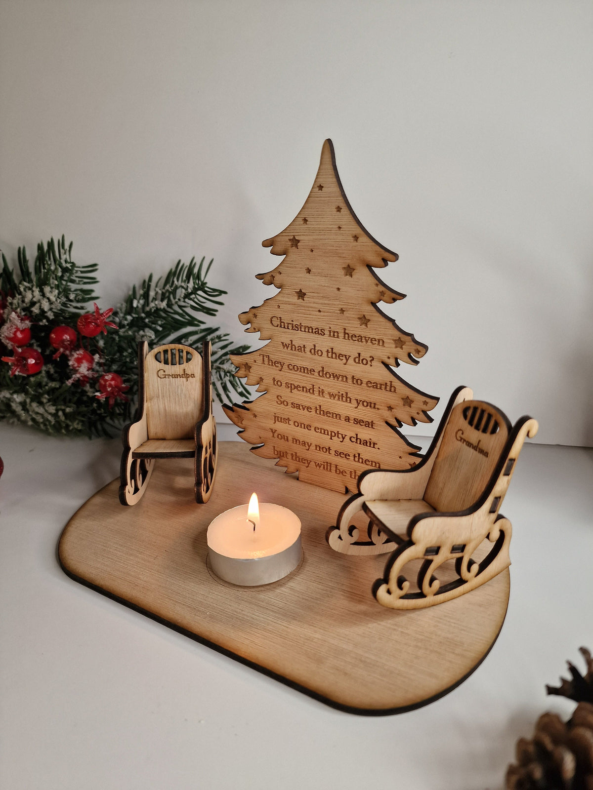 Personalised Christmas candle memorial display - rocking chair -rustic - xmas - memory - decoration -decor - remembrance - family - plaque
