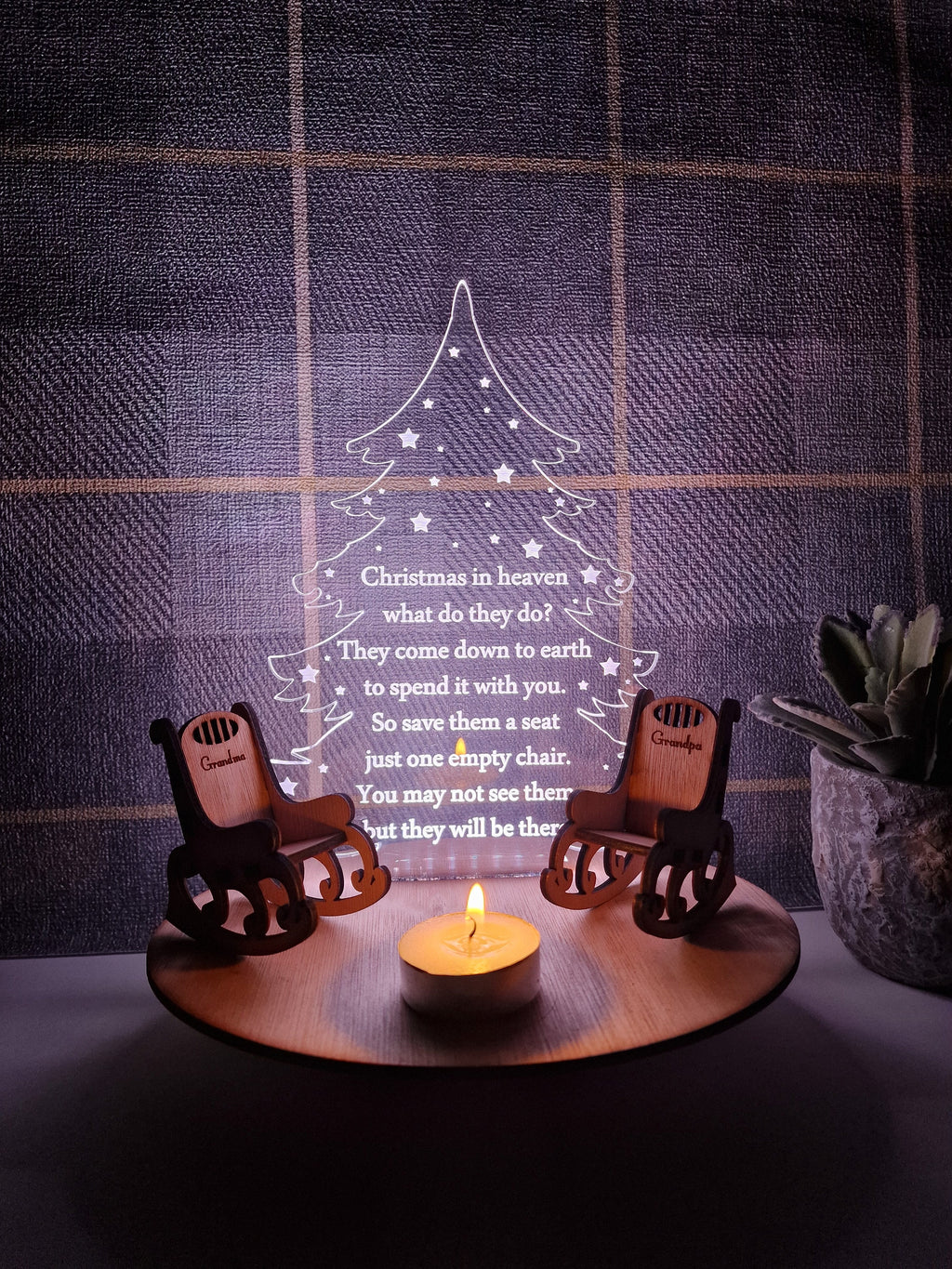 Personalised Christmas candle memorial display light - rocking chair -rustic - xmas - memory - decoration -decor - remembrance - family