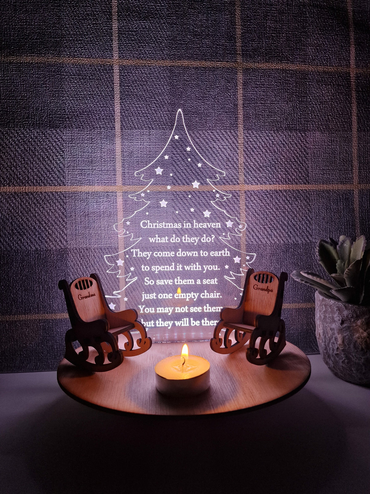 Personalised Christmas candle memorial display light - rocking chair -rustic - xmas - memory - decoration -decor - remembrance - family