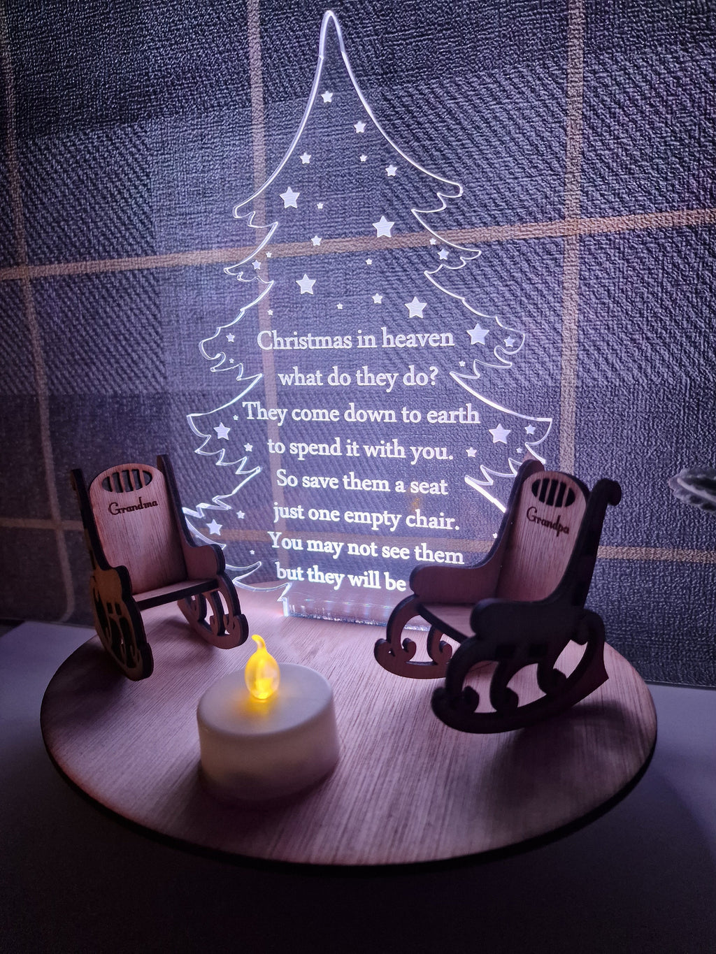 Personalised Christmas candle memorial display light - rocking chair -rustic - xmas - memory - decoration -decor - remembrance - family