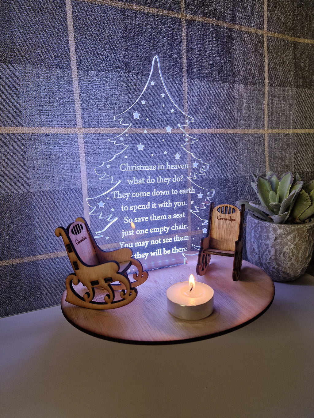 Personalised Christmas candle memorial display light - rocking chair -rustic - xmas - memory - decoration -decor - remembrance - family