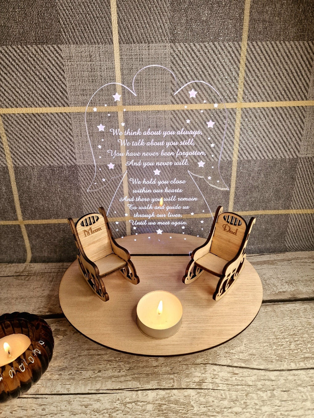 Personalised Angel candle memorial display light - rocking chair -rustic - memory - decoration -decor - remembrance - family - anniversary