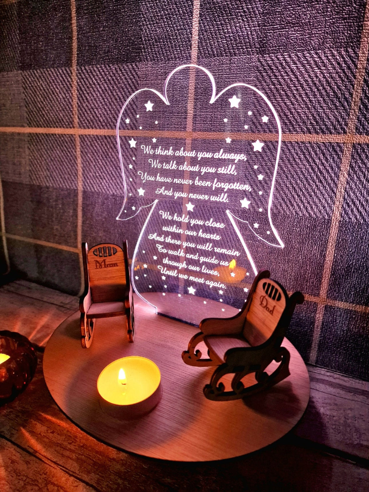Personalised Angel candle memorial display light - rocking chair -rustic - memory - decoration -decor - remembrance - family - anniversary