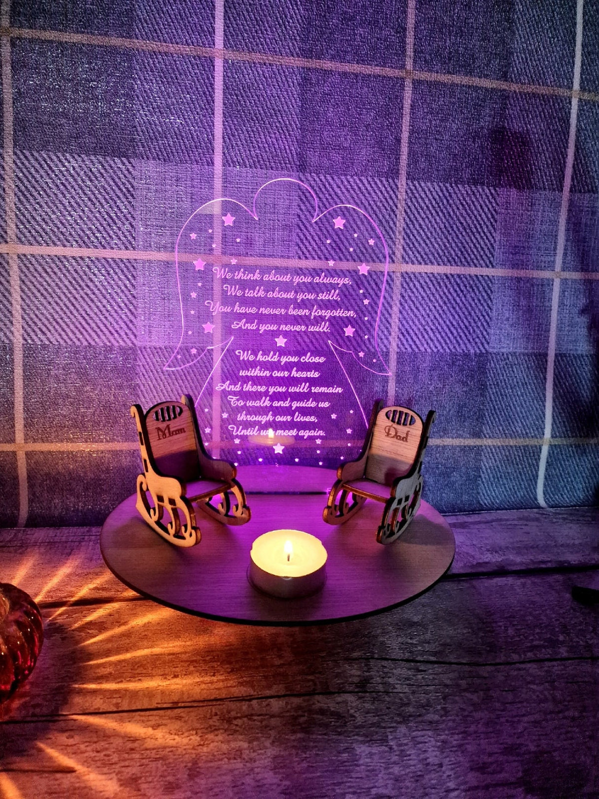 Personalised Angel candle memorial display light - rocking chair -rustic - memory - decoration -decor - remembrance - family - anniversary