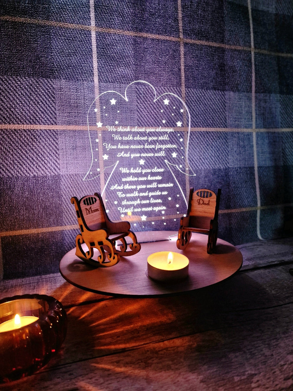 Personalised Angel candle memorial display light - rocking chair -rustic - memory - decoration -decor - remembrance - family - anniversary
