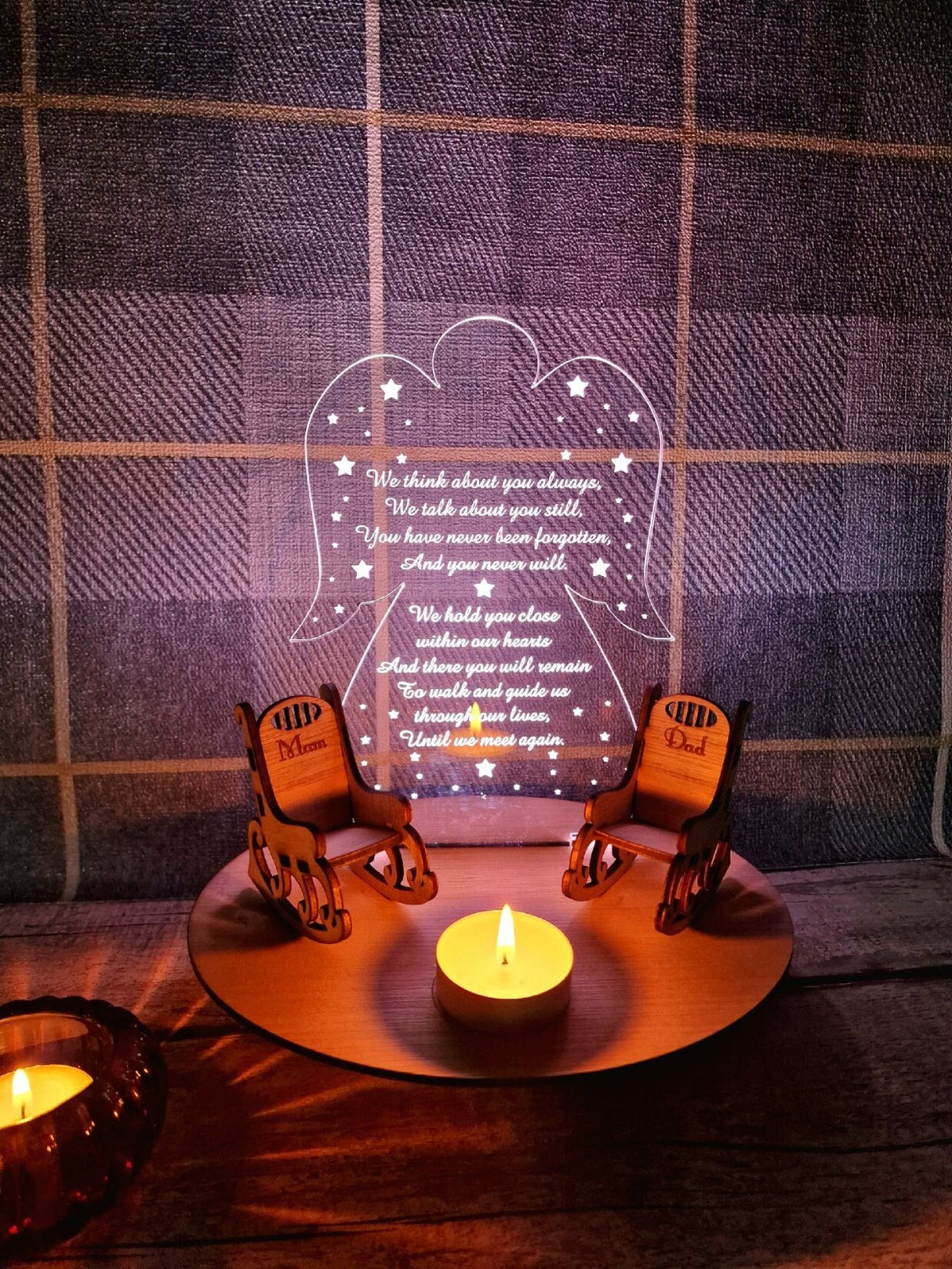 Personalised Angel candle memorial display light - rocking chair -rustic - memory - decoration -decor - remembrance - family - anniversary