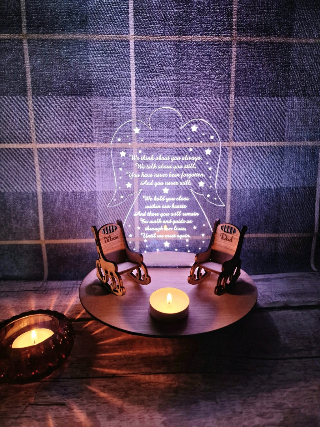 Personalised Angel candle memorial display light - rocking chair -rustic - memory - decoration -decor - remembrance - family - anniversary