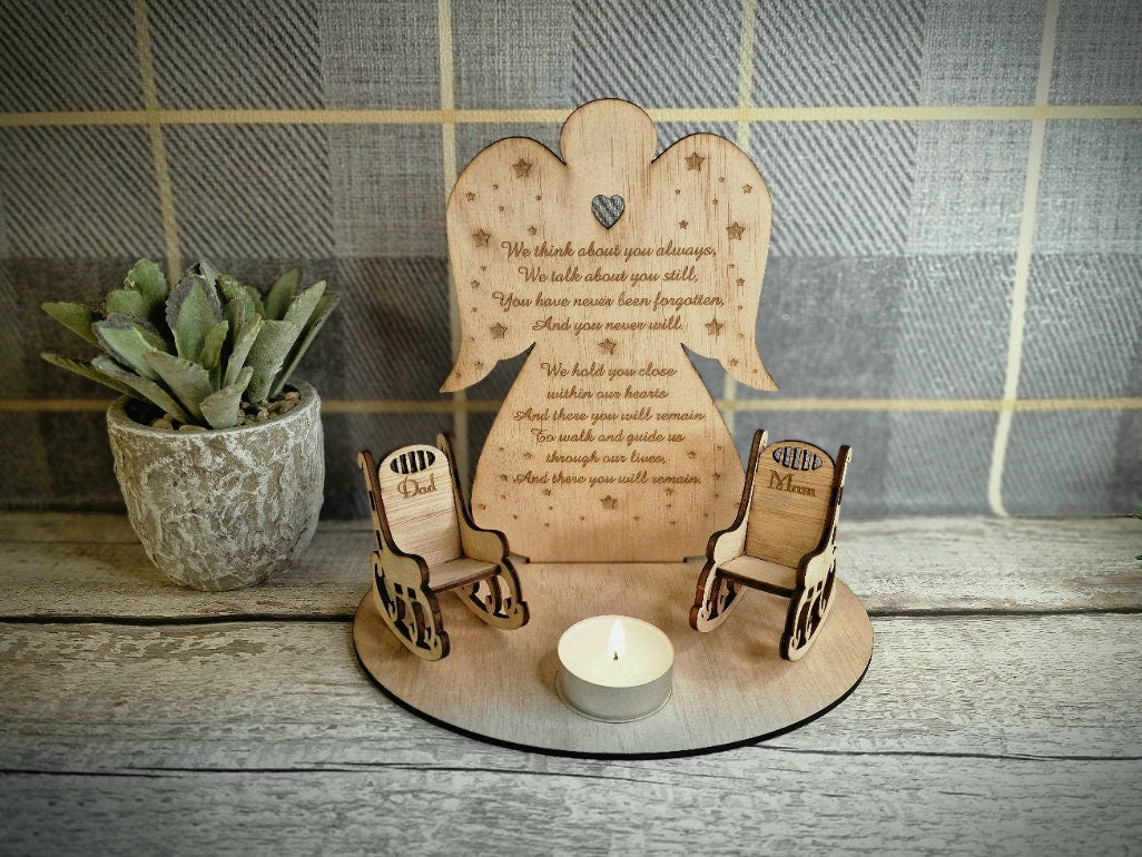 Personalised Angel candle memorial display - rocking chair - rustic - xmas - memory - decoration -decor - remembrance - family - plaque