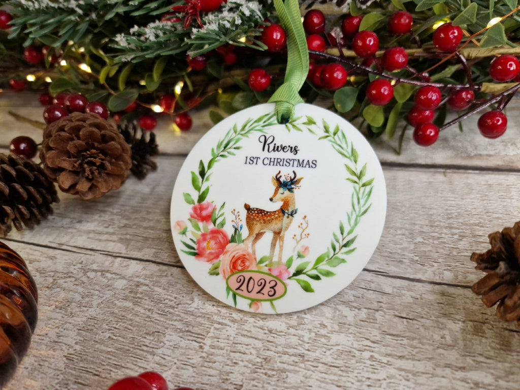 Personalised first Christmas bauble - Decoration - Stocking filler - Anniversary - Gift - Present - - keepsake - memory - deer - Baby