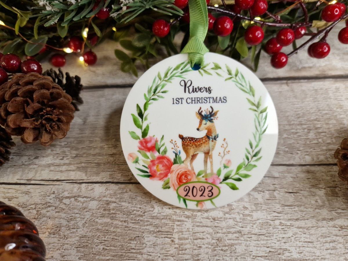 Personalised first Christmas bauble - Decoration - Stocking filler - Anniversary - Gift - Present - - keepsake - memory - deer - Baby