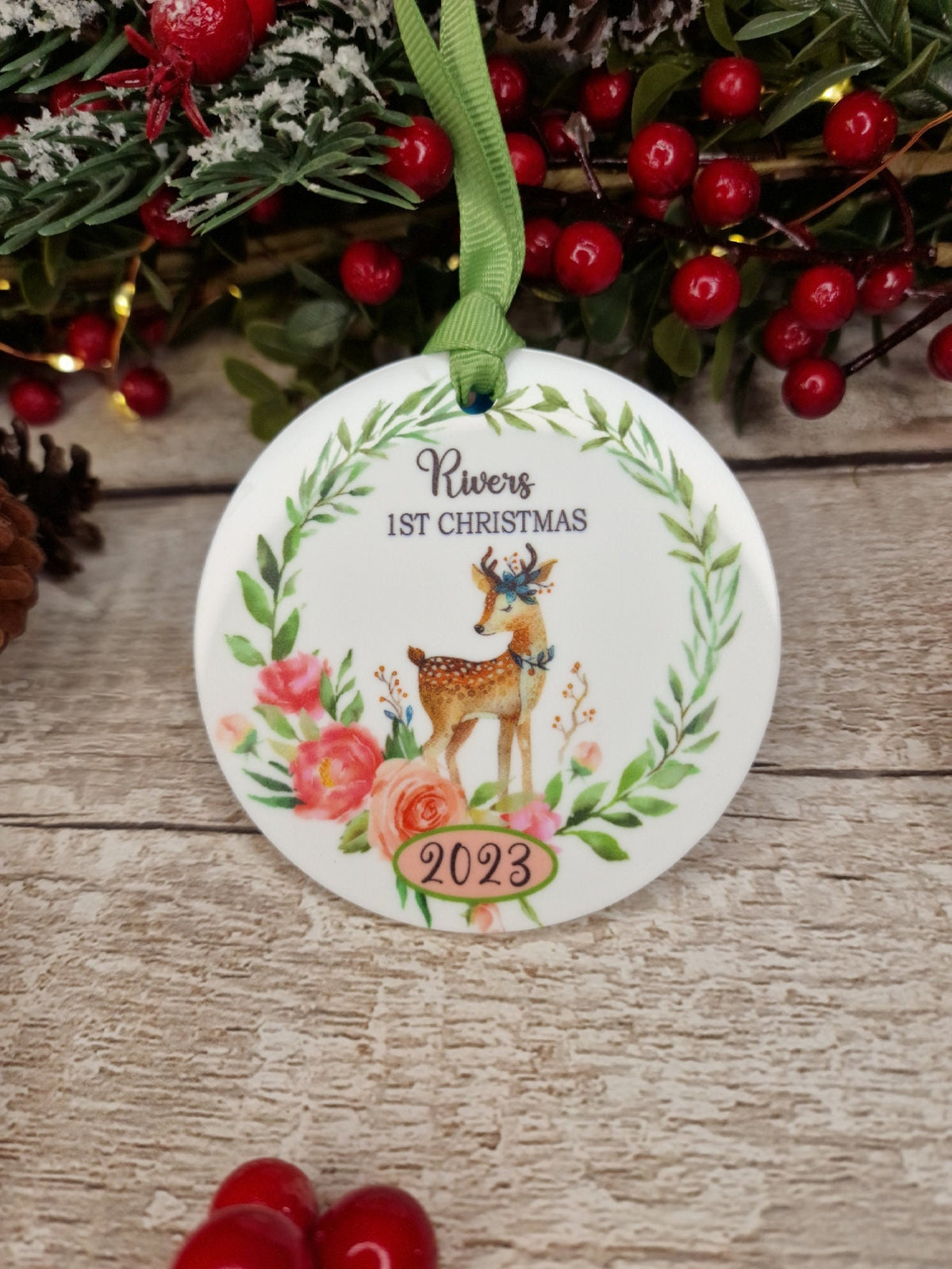 Personalised first Christmas bauble - Decoration - Stocking filler - Anniversary - Gift - Present - - keepsake - memory - deer - Baby
