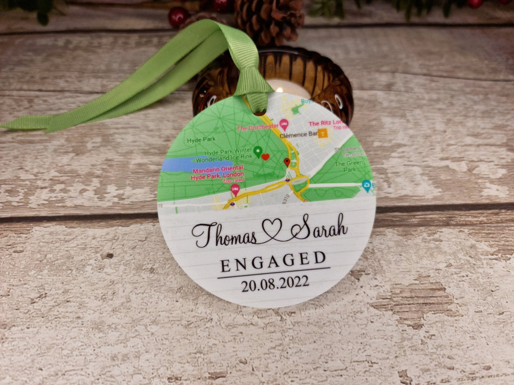 Personalised Engaged Location Map bauble - Decoration - Stocking filler - Anniversary - Gift - Present - keepsake - Memory - Married - Date