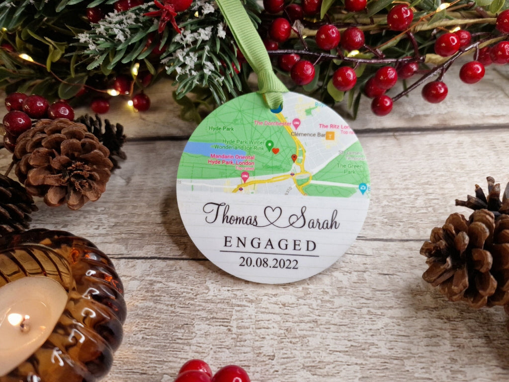 Personalised Engaged Location Map bauble - Decoration - Stocking filler - Anniversary - Gift - Present - keepsake - Memory - Married - Date