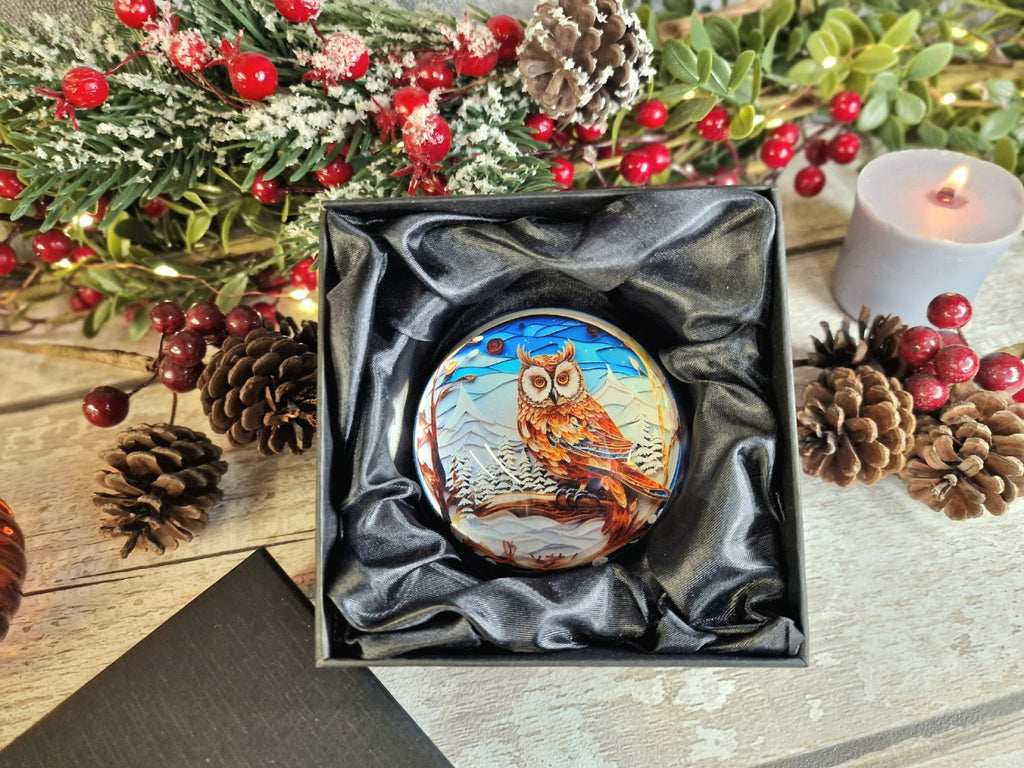 Snow Owl scene glass bubble Christmas decoration - xmas - father Christmas - Unusual gift - Office - Paperweight - unique - art - secret
