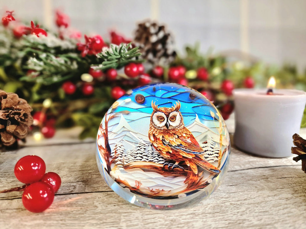 Snow Owl scene glass bubble Christmas decoration - xmas - father Christmas - Unusual gift - Office - Paperweight - unique - art - secret