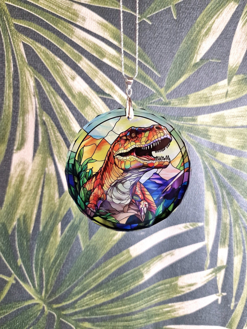 Glass Diamond Cut edge Dinosaur Hanging SunCatcher Ornament - Bauble - Decoration - Stocking filler - Stained Glass - Gift - Present