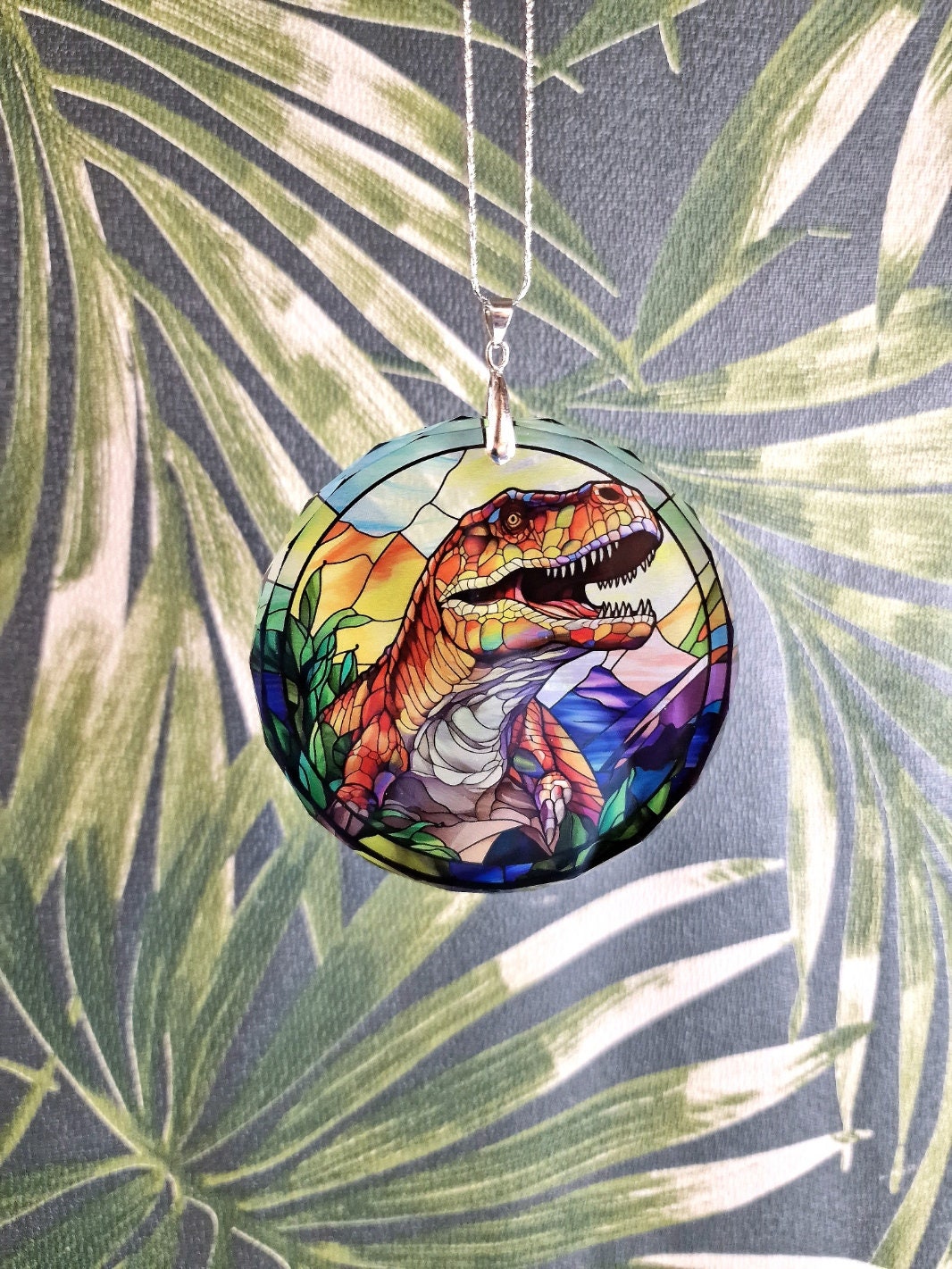 Glass Diamond Cut edge Dinosaur Hanging SunCatcher Ornament - Bauble - Decoration - Stocking filler - Stained Glass - Gift - Present