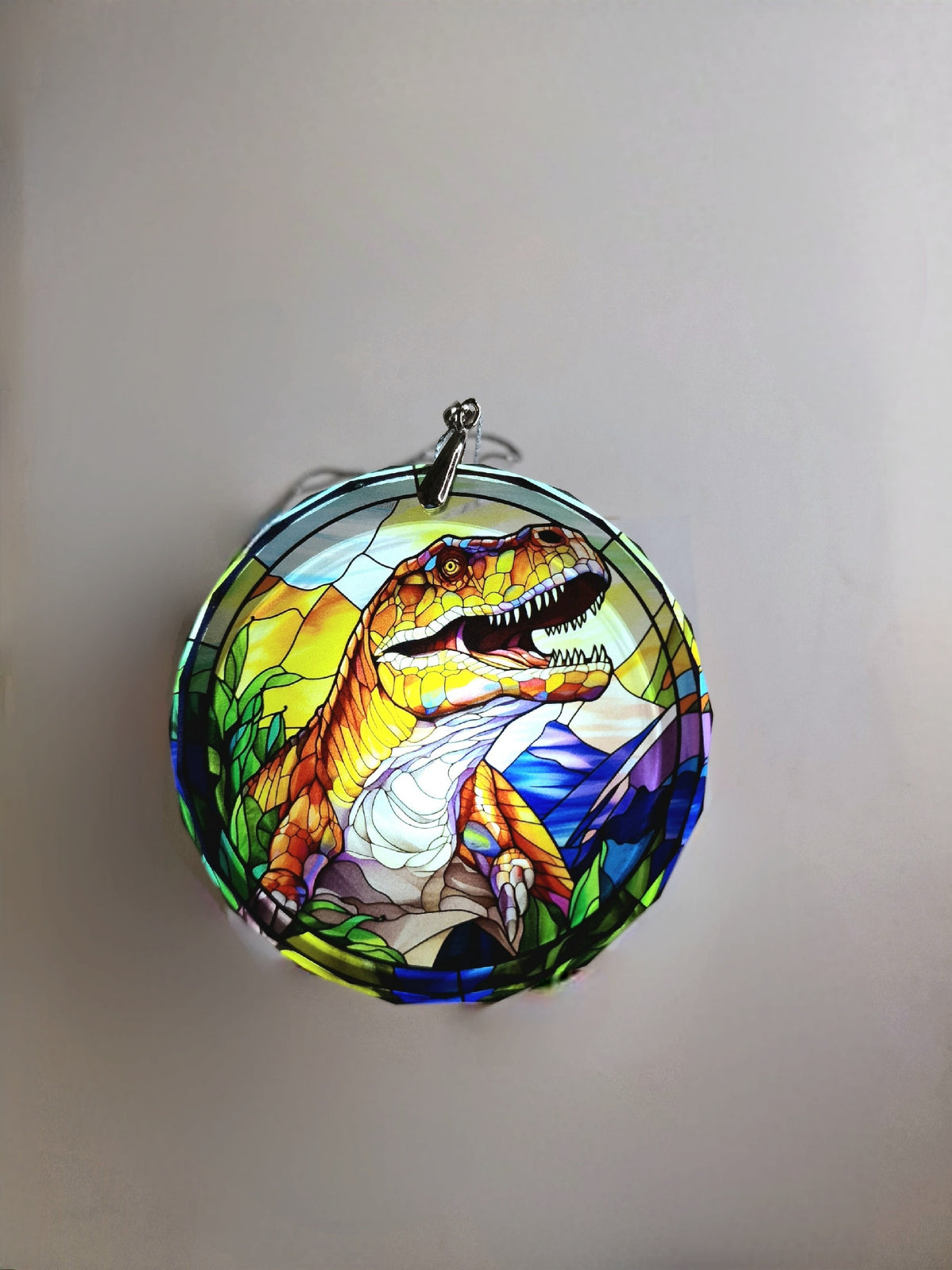 Glass Diamond Cut edge Dinosaur Hanging SunCatcher Ornament - Bauble - Decoration - Stocking filler - Stained Glass - Gift - Present