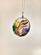 Glass Diamond Cut edge Dinosaur Hanging SunCatcher Ornament - Bauble - Decoration - Stocking filler - Stained Glass - Gift - Present
