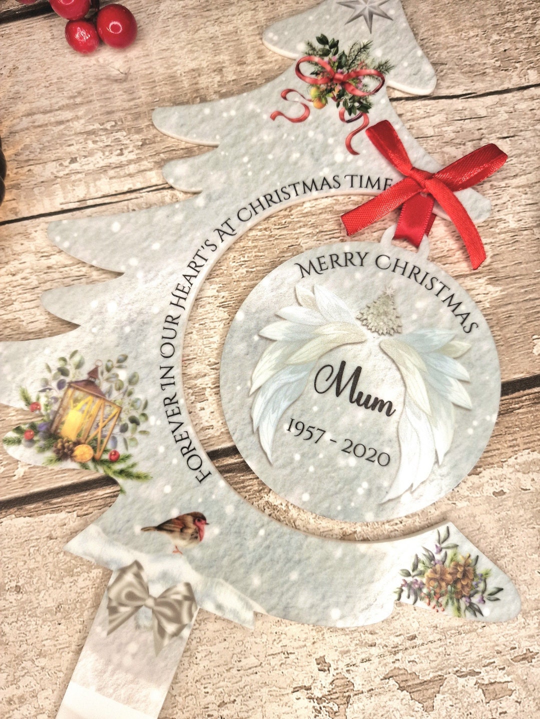 Personalised Christmas Tree Grave Marker Stake With Bauble - Temporary headstone, outdoor, remembering your loved ones - Angel - Xmas Gift