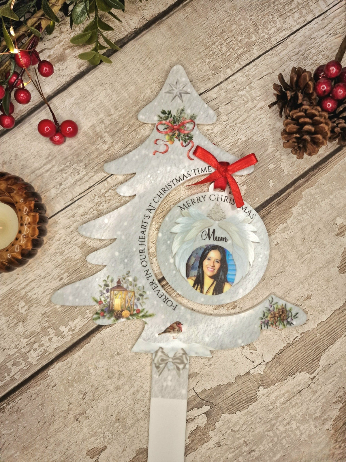 Personalised Christmas Tree Grave Marker Stake With Bauble - Temporary headstone, outdoor, remembering your loved ones - Angel - Xmas Gift