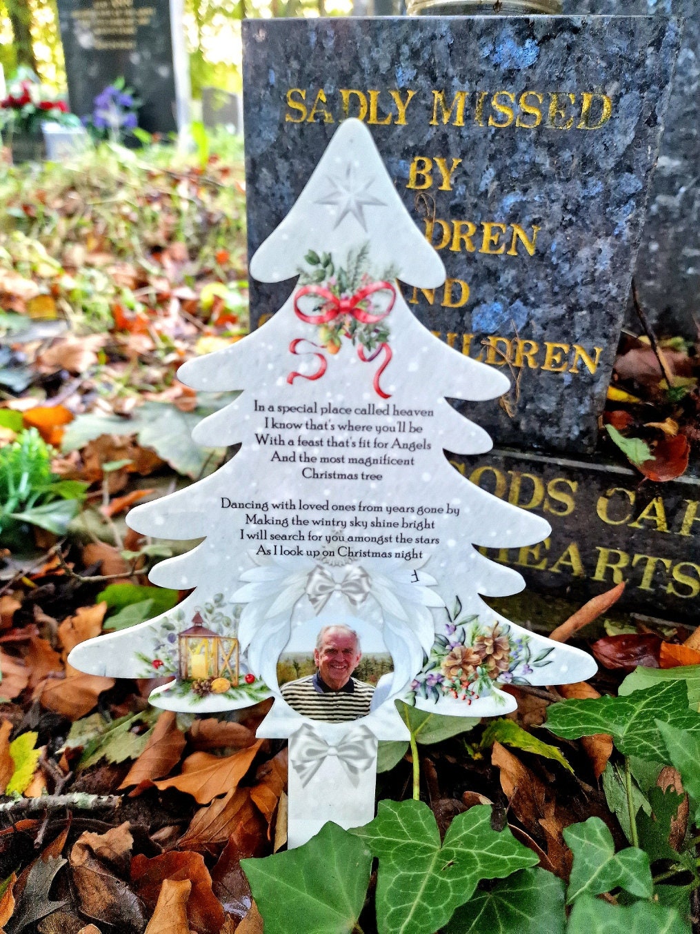 Personalised Christmas Tree Grave Marker Stake, photo gift - Temporary headstone, outdoor, remembering your loved ones - Angel - Xmas Gift