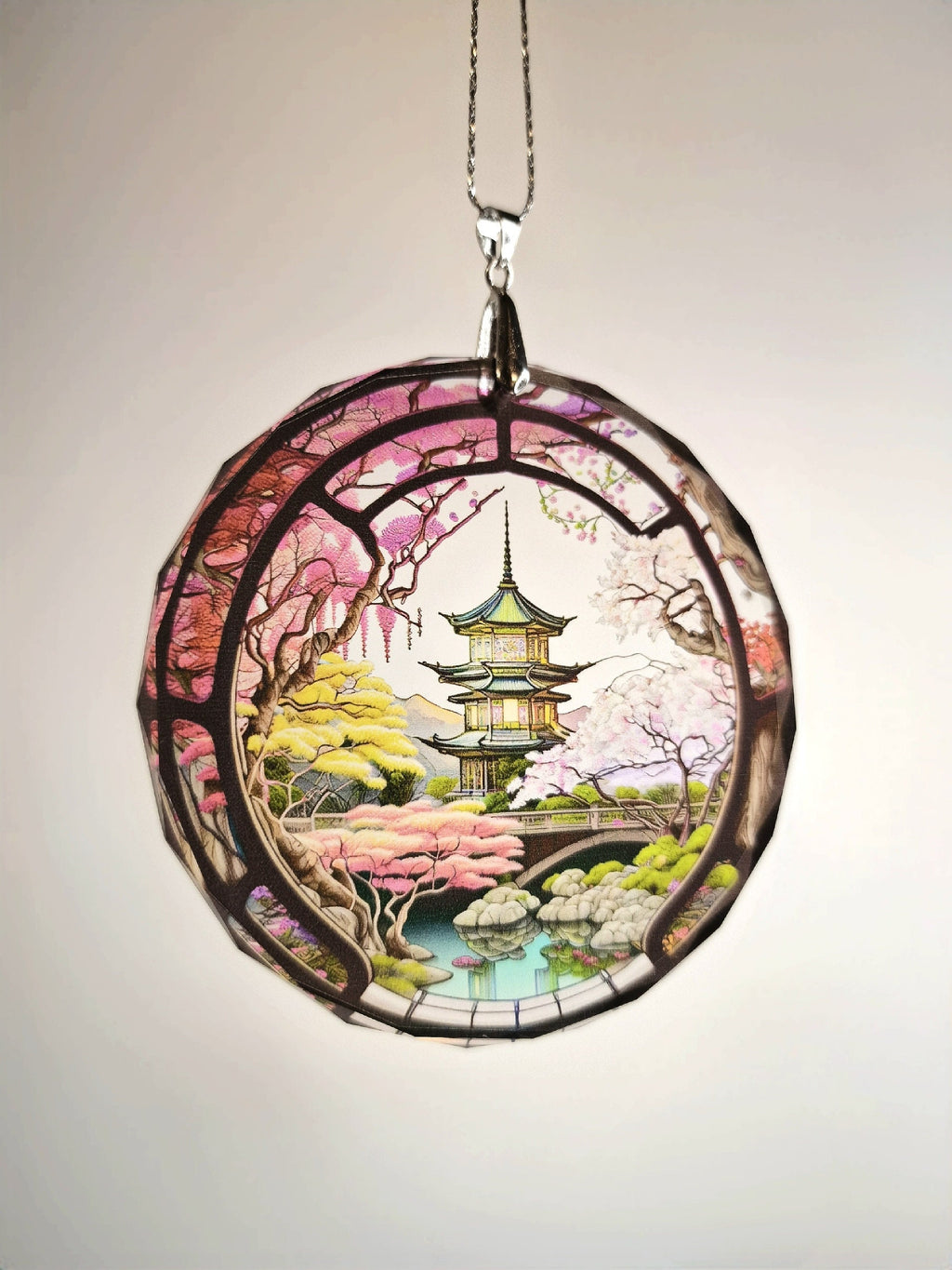 Glass Diamond Cut edge Japanese SunCatcher Ornament - Bauble - Decoration - Stocking filler - Stained Glass - Gift - Present - Pagoda - Koi