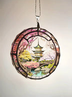 Glass Diamond Cut edge Japanese SunCatcher Ornament - Bauble - Decoration - Stocking filler - Stained Glass - Gift - Present - Pagoda - Koi