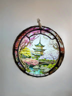 Glass Diamond Cut edge Japanese SunCatcher Ornament - Bauble - Decoration - Stocking filler - Stained Glass - Gift - Present - Pagoda - Koi